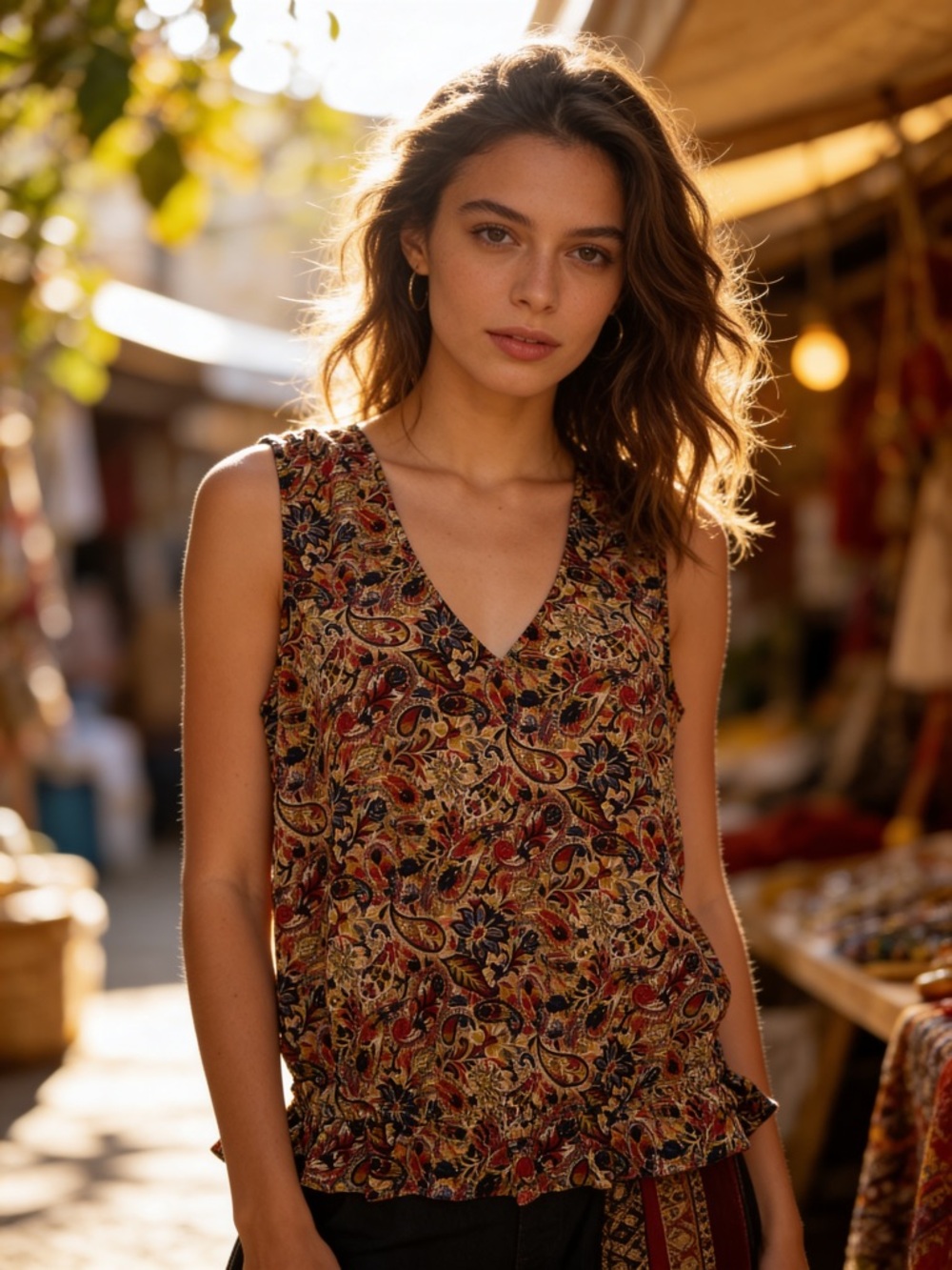 Evereve Paisley Floral Peplum Tank Top Small Boho Sleeveless Blouse